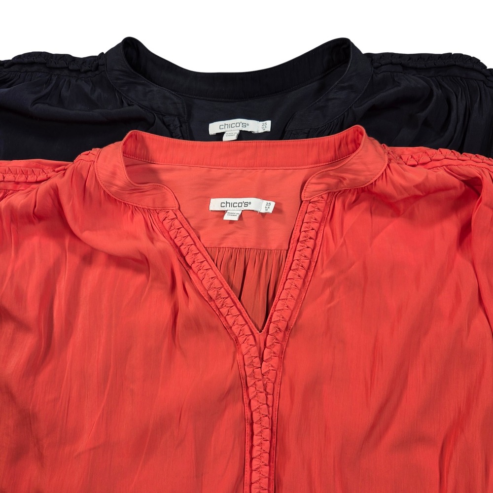 Chico's Blouse Bundle Womens Size 2.5 L/XL Blue Orange Braided Trim V-Neck